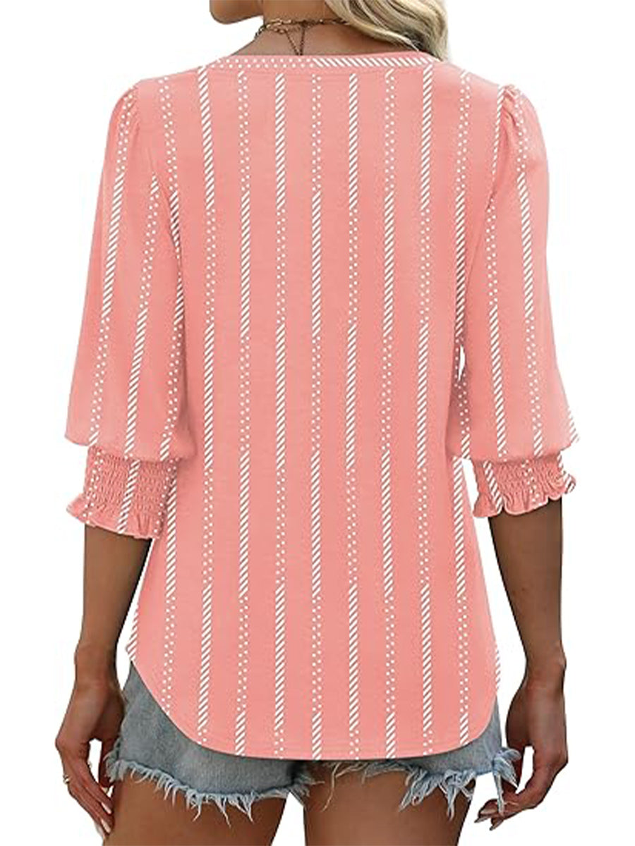 Casual V-neck 3/4 Sleeve Striped Top