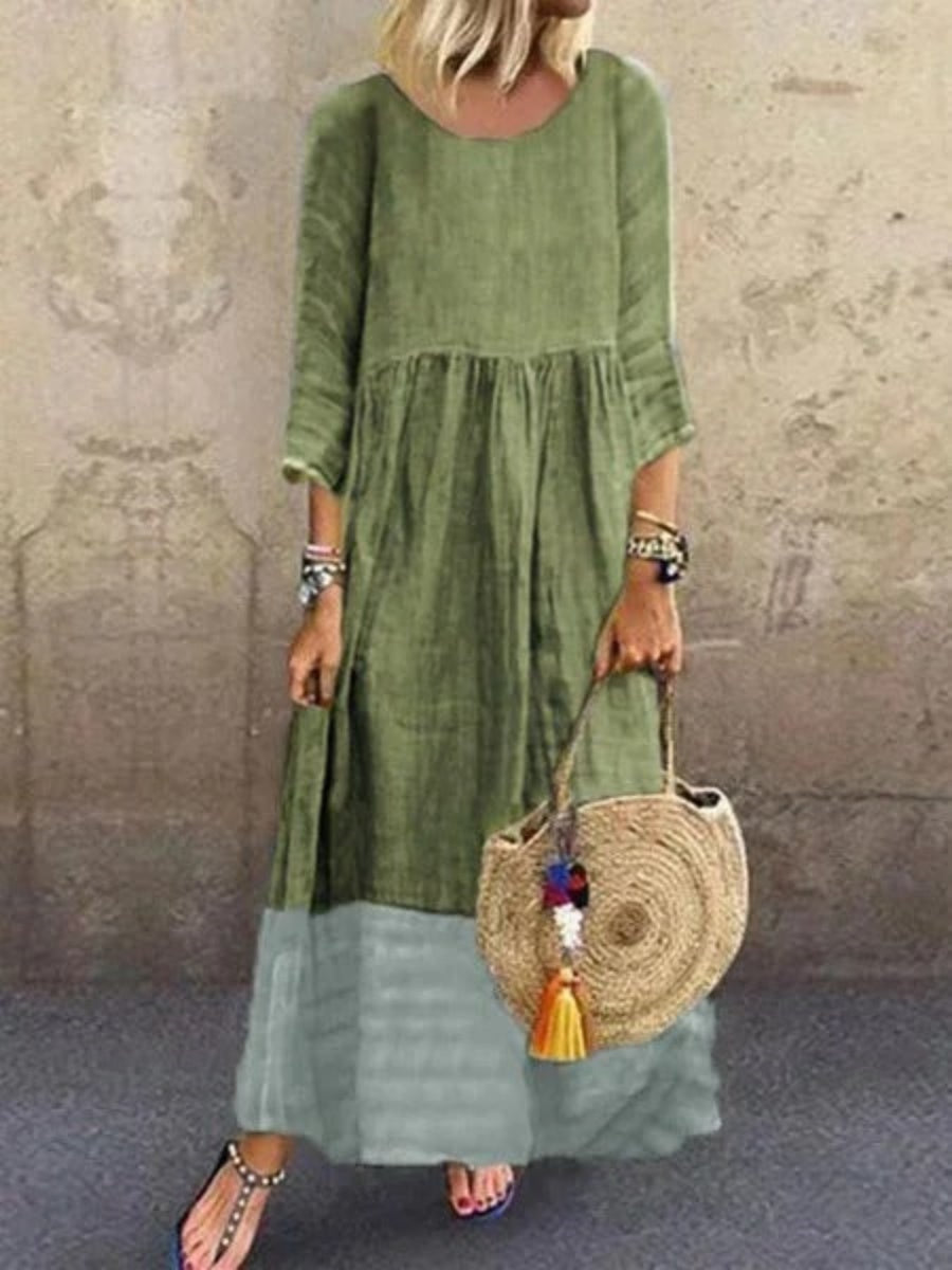Casual Loose Plain Crew Neck 3/4 Sleeve Linen Paneled Weaving Maxi Dress