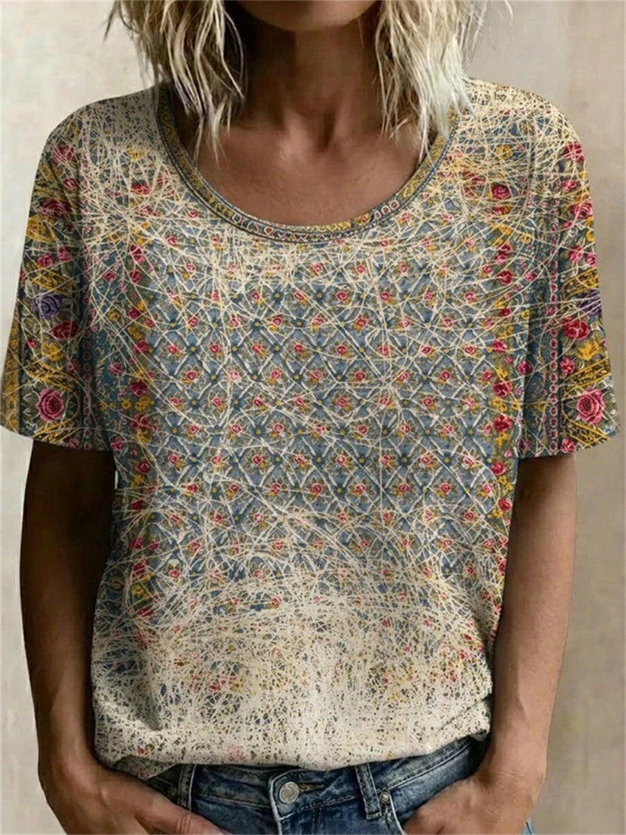 Vintage Floral Print Round Neck Short Sleeve T-Shirt
