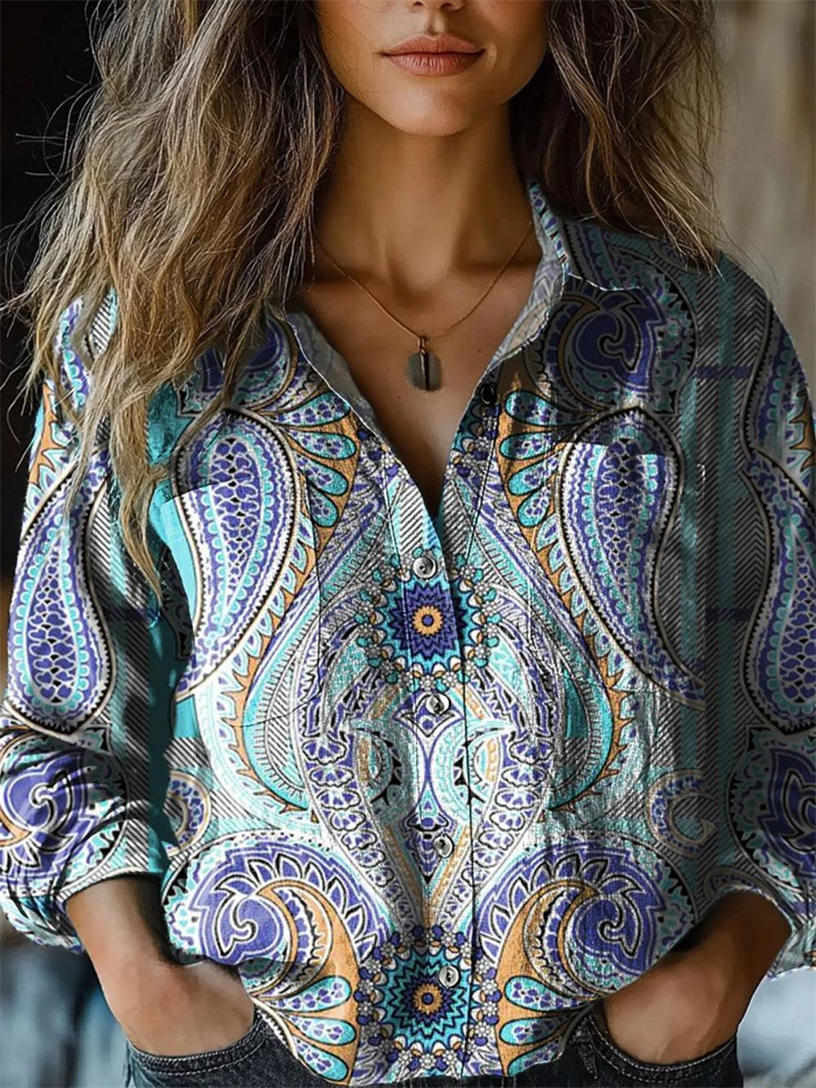 Ethnic Printed Lapel Long Sleeve Shirt