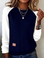 Blue Color Block Round Neck Long Sleeve Sweater