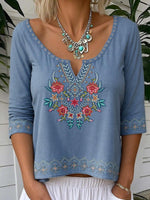 Blue V-neck Long Sleeve Floral Print Top
