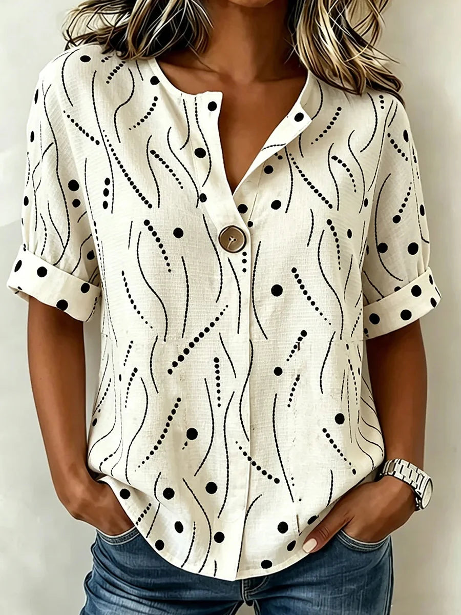 Beige Abstract Print Roll-Cuff V-Neck Short Sleeve Blouse
