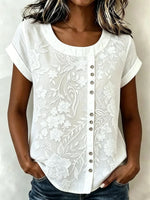 Plain Crew Neck Short Sleeve 3D Printing Loose Blouse