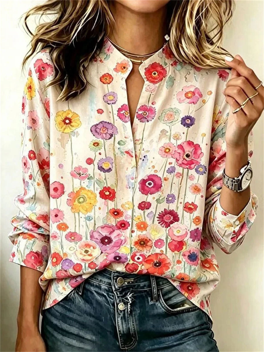 Vintage Floral Print Long Sleeve Blouse