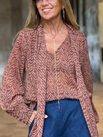 Relaxed V-neck Long Sleeve Leaf Print Blouse