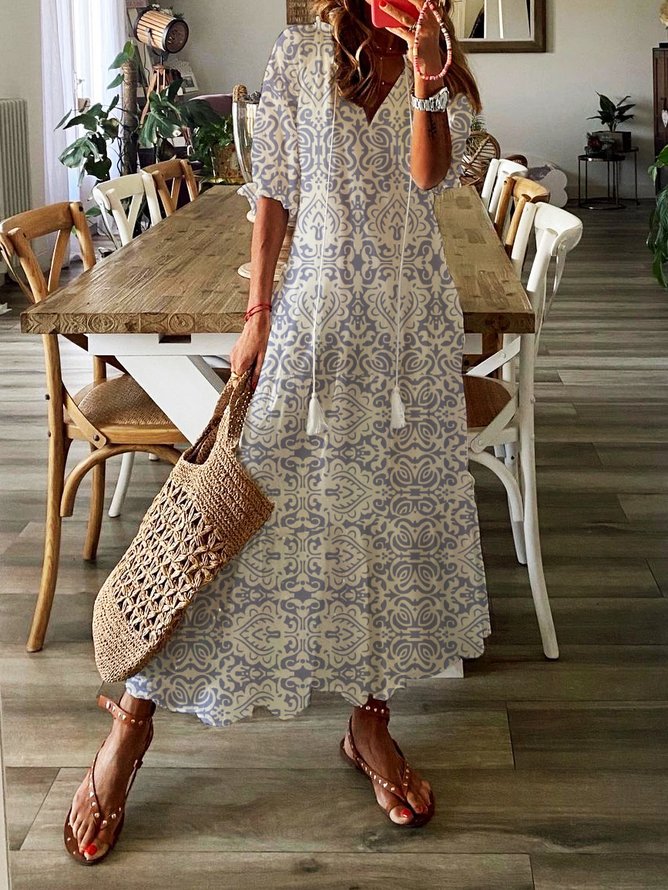 Multi Casual V Neck Printed Short Sleeve Dress