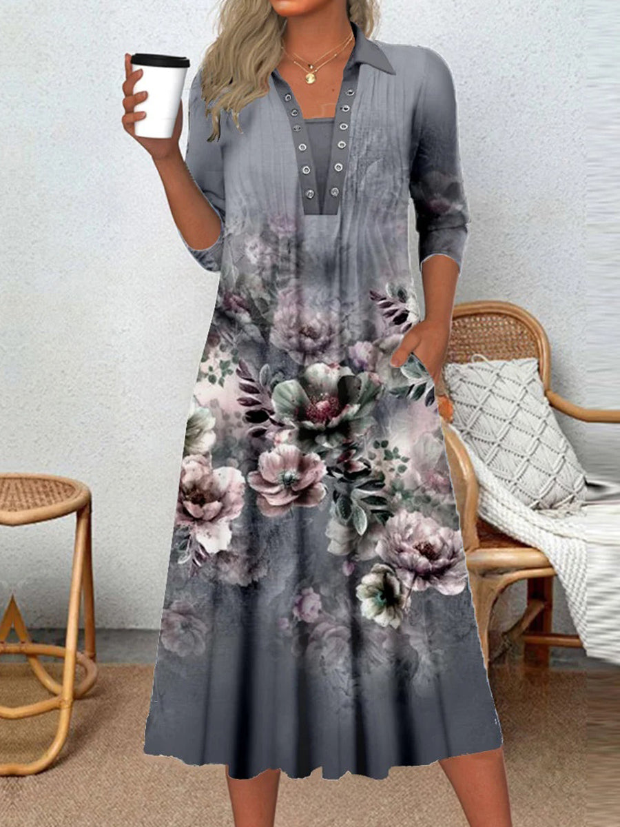 Women's Long Sleeve Scoop Neck Graphic Floral Printed Midi Dress