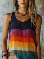 Vintage Colour Block V-neck Sleeveless Tank Top
