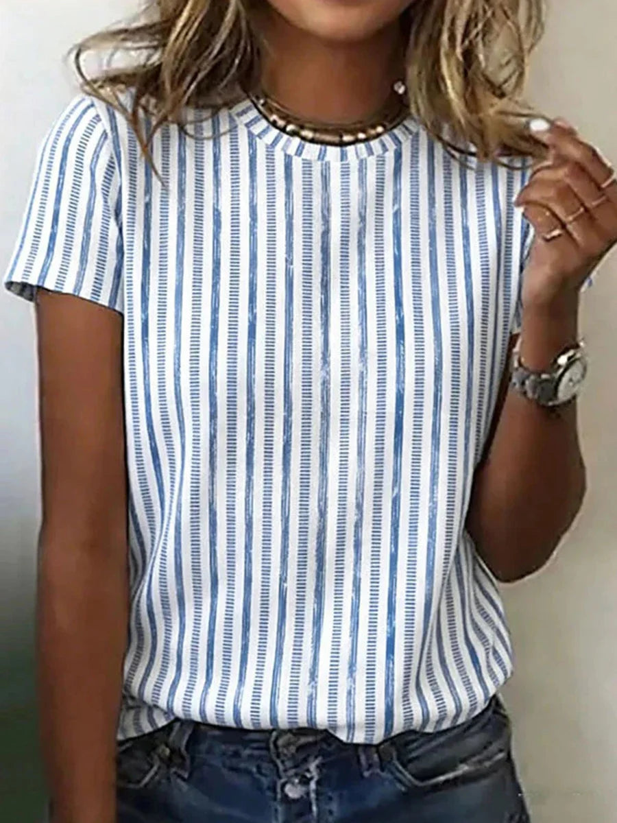 Vintage Striped Round Neck Short Sleeve T-Shirt