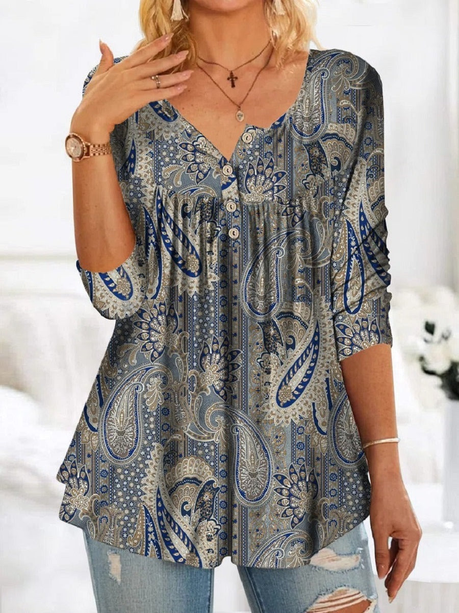 Blue Casual V Neck Printed Long Sleeve Blouse