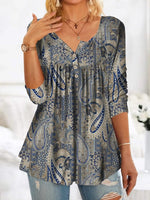 Blue Casual V Neck Printed Long Sleeve Blouse