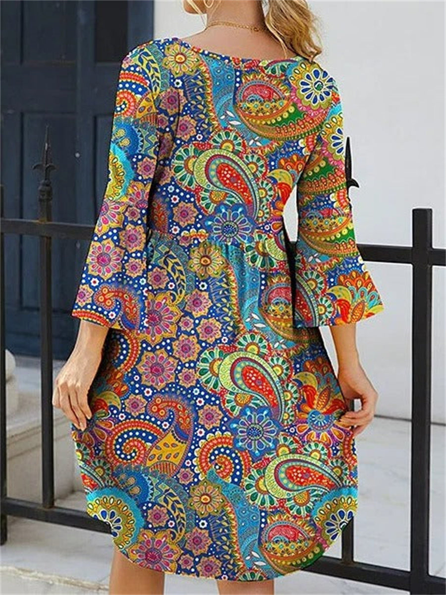 Round Neck Paisley Casual Mini Dresses