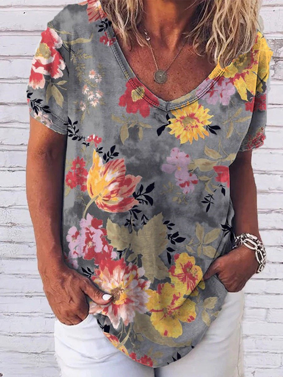 Women?ˉs Vintage Floral V Neck Short Sleeve Casual Loose Fit T-shirt