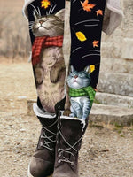 Cute Cat Print Vintage Elastic Waist Leggings