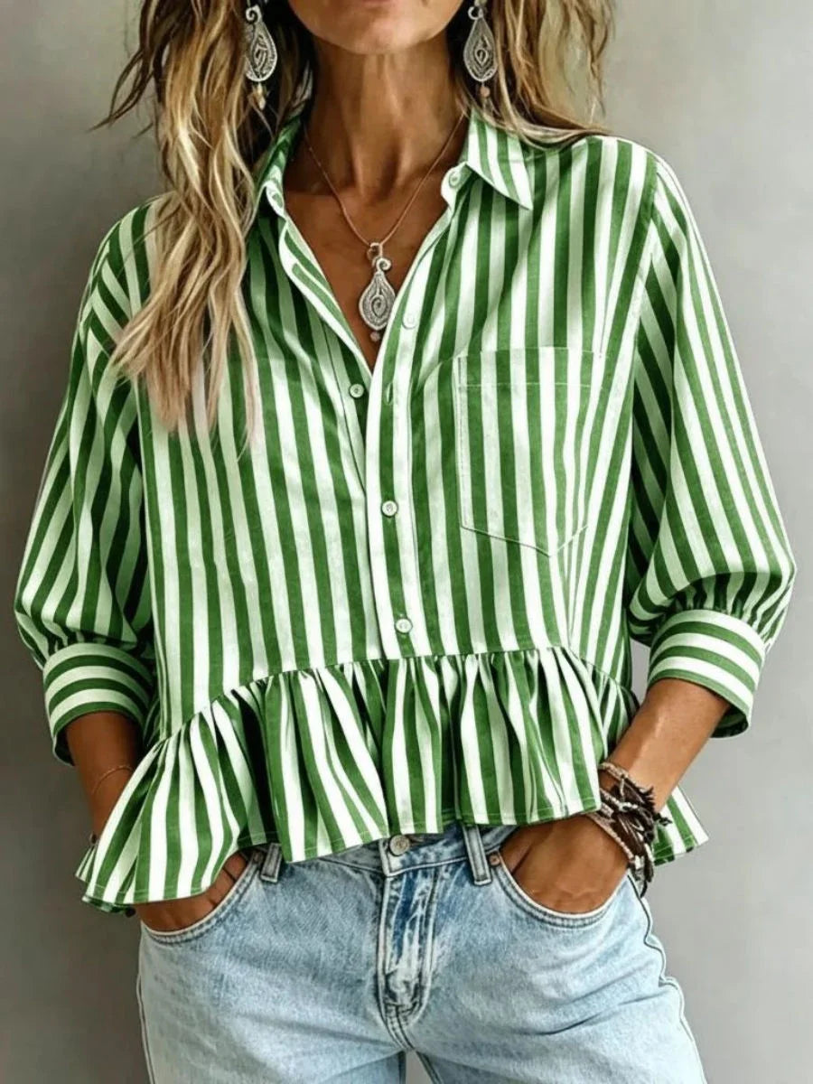 Green White Stripe Peplum Hem Button-Down Shirt