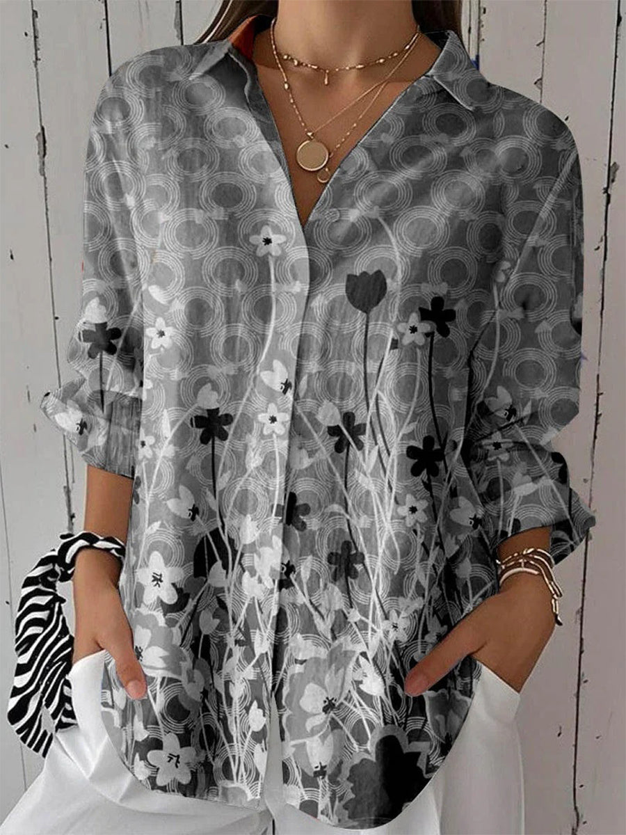 Women 3/4 Sleeve Lapel Floral Printed Blouse