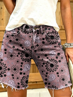 Ethnicity Flowers Geometry Women's Art Print Casual Denim Shorts
