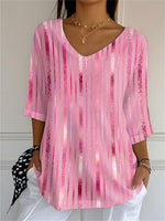 Women's Summer Pink Stripe Printed V-neck 3/4 Sleeve Top