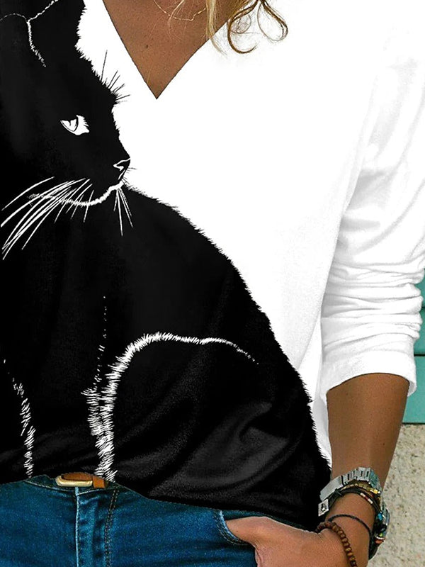 Black-white Casual Graphic Tops V-neck Long Sleeve Black Cat Printed Blouse