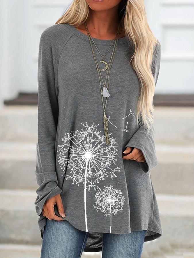 Casual Crew Neck Floral Print Long Sleeve Blouse