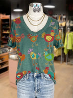 Vintage Animal Print V-neck Short Sleeve T-Shirt