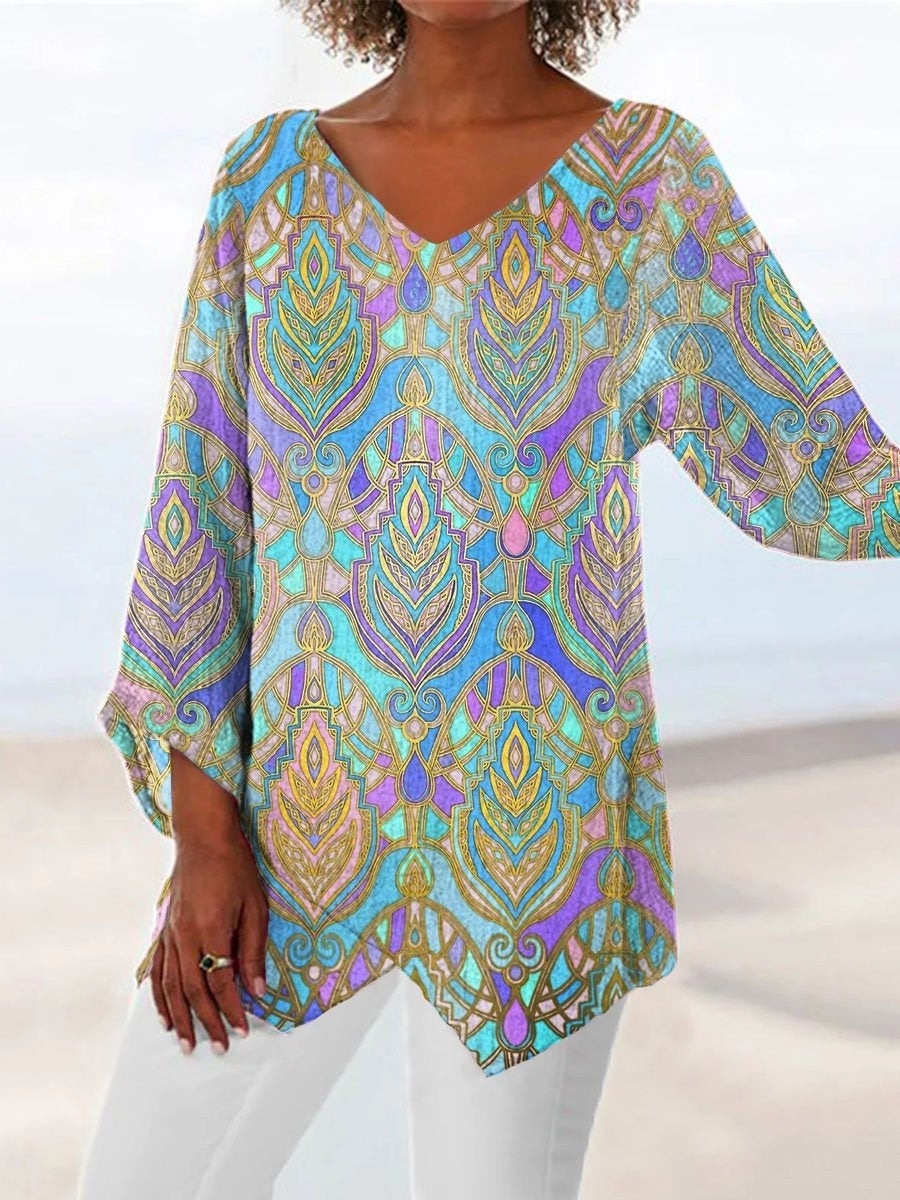 Color Casual V Neck Boho Printed Long Sleeve Blouse