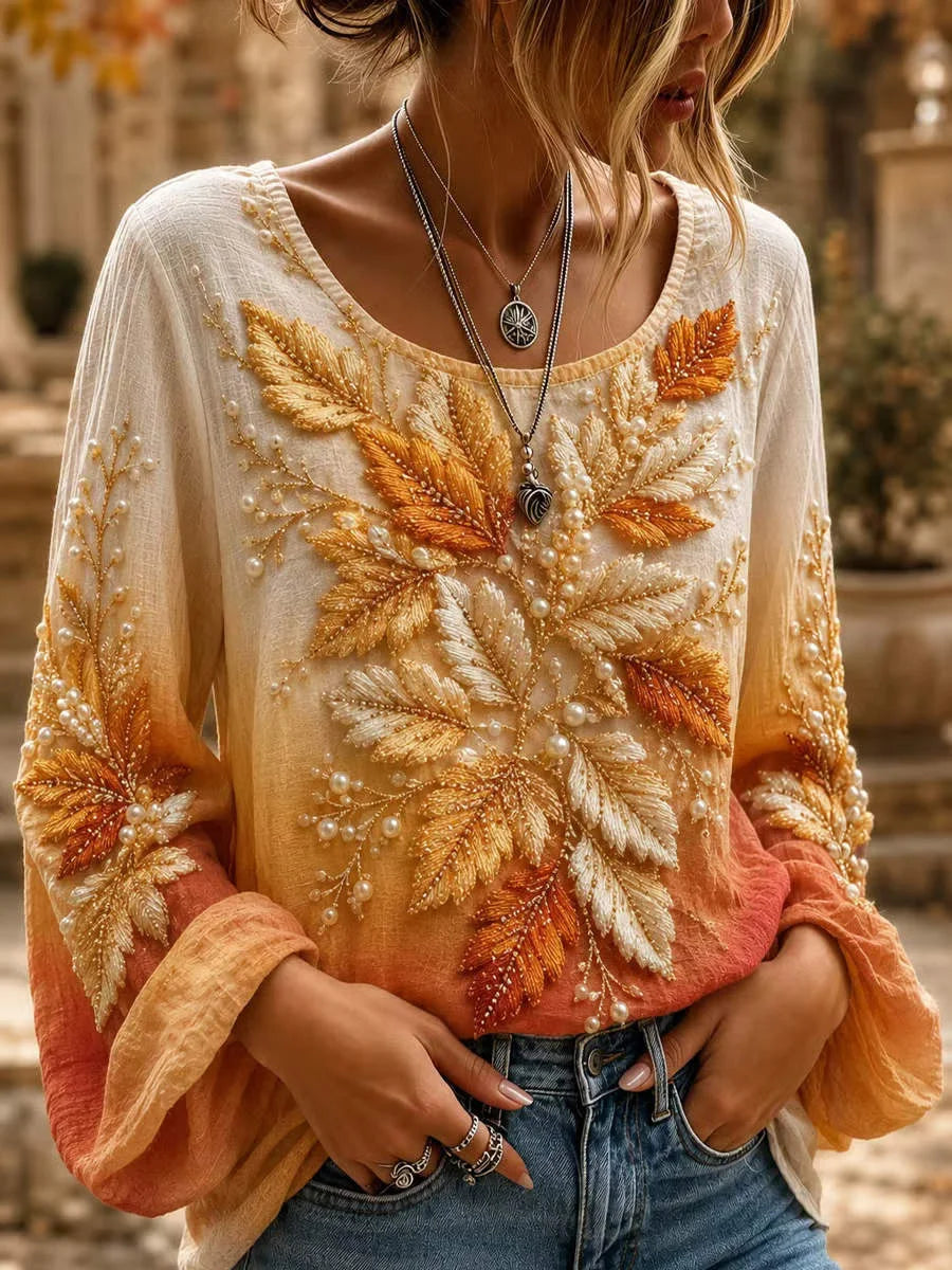 Women Floral Vintage Blouse Crew Neck Long Sleeve Printing Top