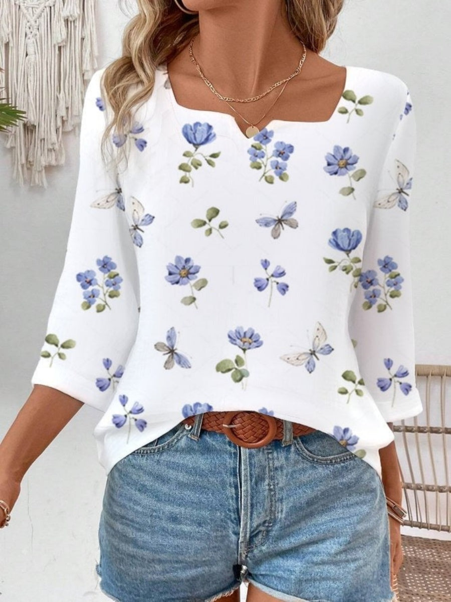 Cotton Floral Notched 3/4 Sleeve Cute Loose Blouse