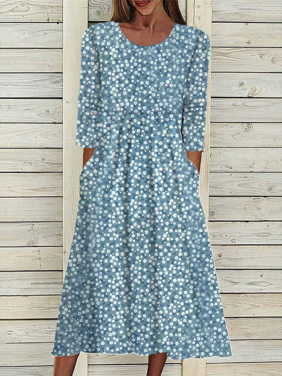 Loose Casual Disty Floral Crew Neck Long Sleeve Maxi Dress