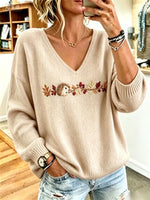 Women Animal V-neck Long Sleeve Comfy Casual Sweater