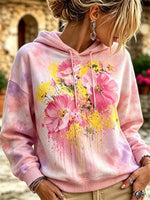 Women's Casual Pink Tie-dye Watercolor Cosmos Floral Print Long Sleeve Hoodie