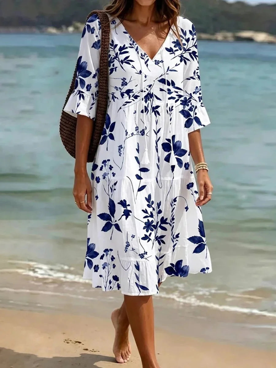 White Floral Print V-neck 3/4 Sleeve Tiered Midi Dress