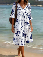 White Floral Print V-neck 3/4 Sleeve Tiered Midi Dress