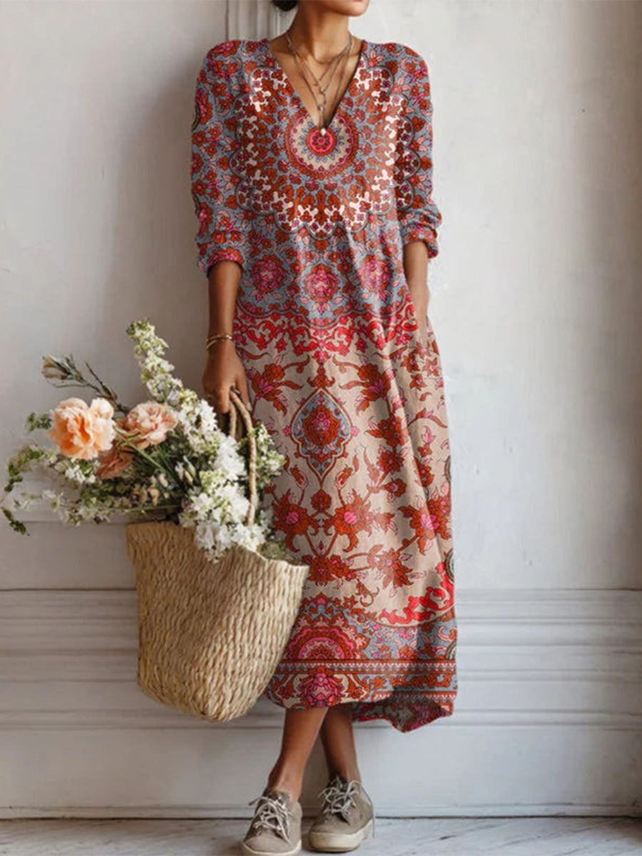 Vintage Ethnic Style V-neck Long Sleeve Dress