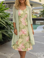 Romantic Green Floral Print Midi Dress With Jacket