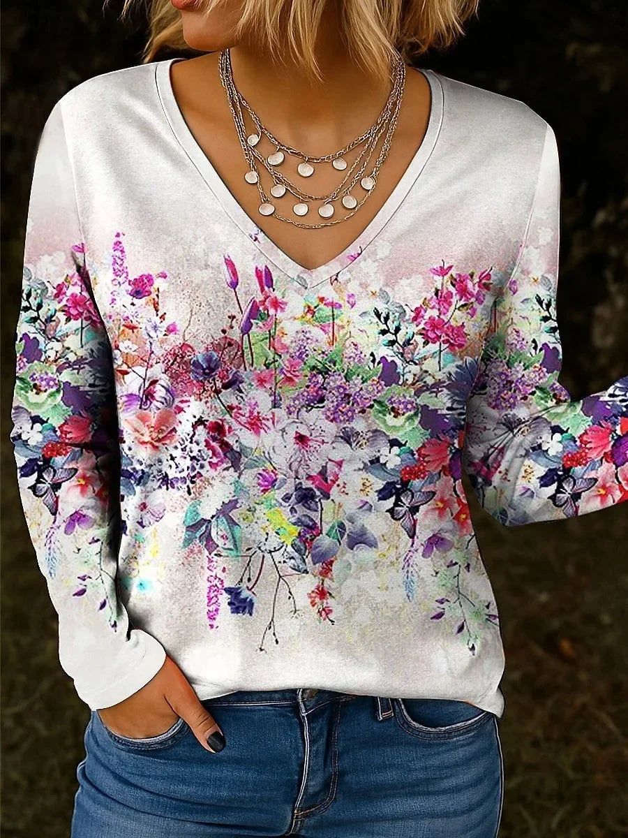 Casual Floral Printed V-neck Long Sleeve Top