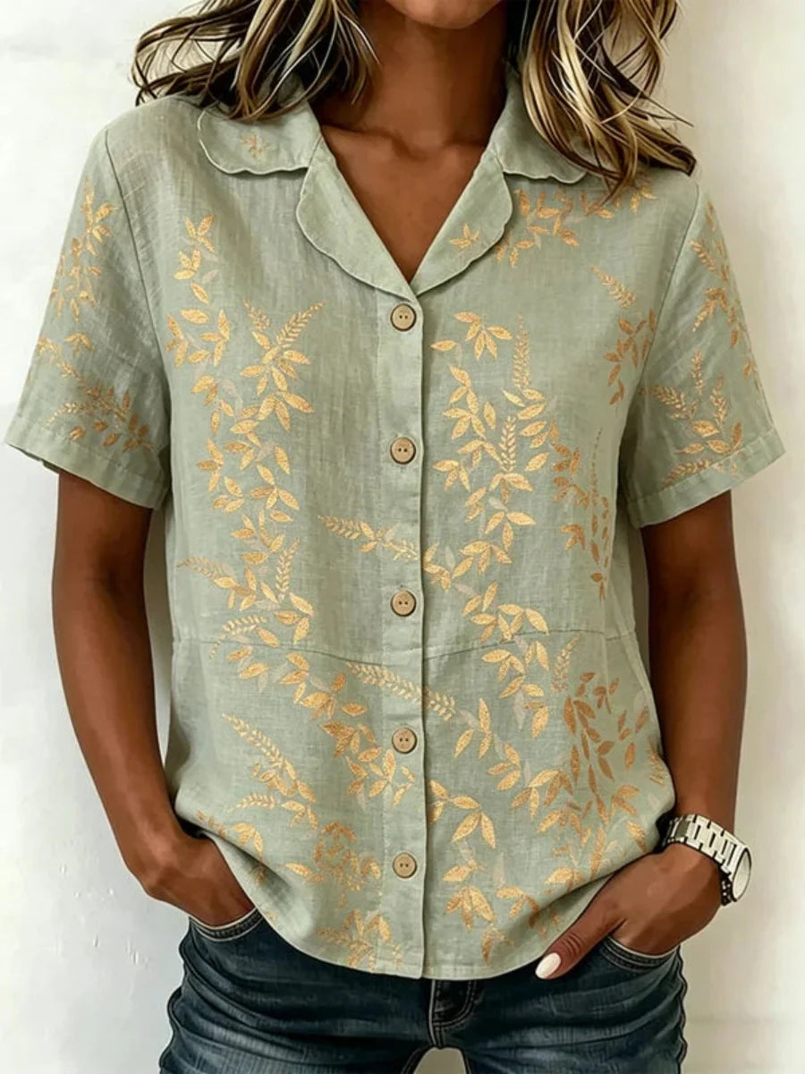 Vintage Leaf Print Short Sleeve Blouse