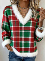 Festive Plaid V-neck Long Sleeve Christmas Top with Faux Fur Trim