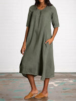 Women's V Neck Half Sleeve Pockets Linen Midi Dress