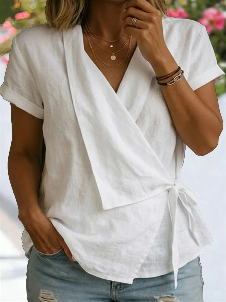 Casual V Neck Short Sleeve Plain Blouse