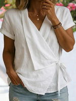 Casual V Neck Short Sleeve Plain Blouse