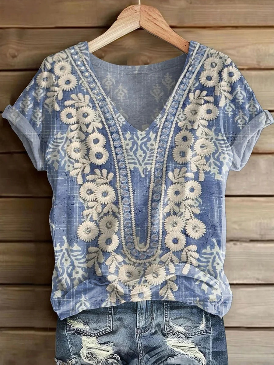 Temperament Floral Print V-neck Short Sleeve Top