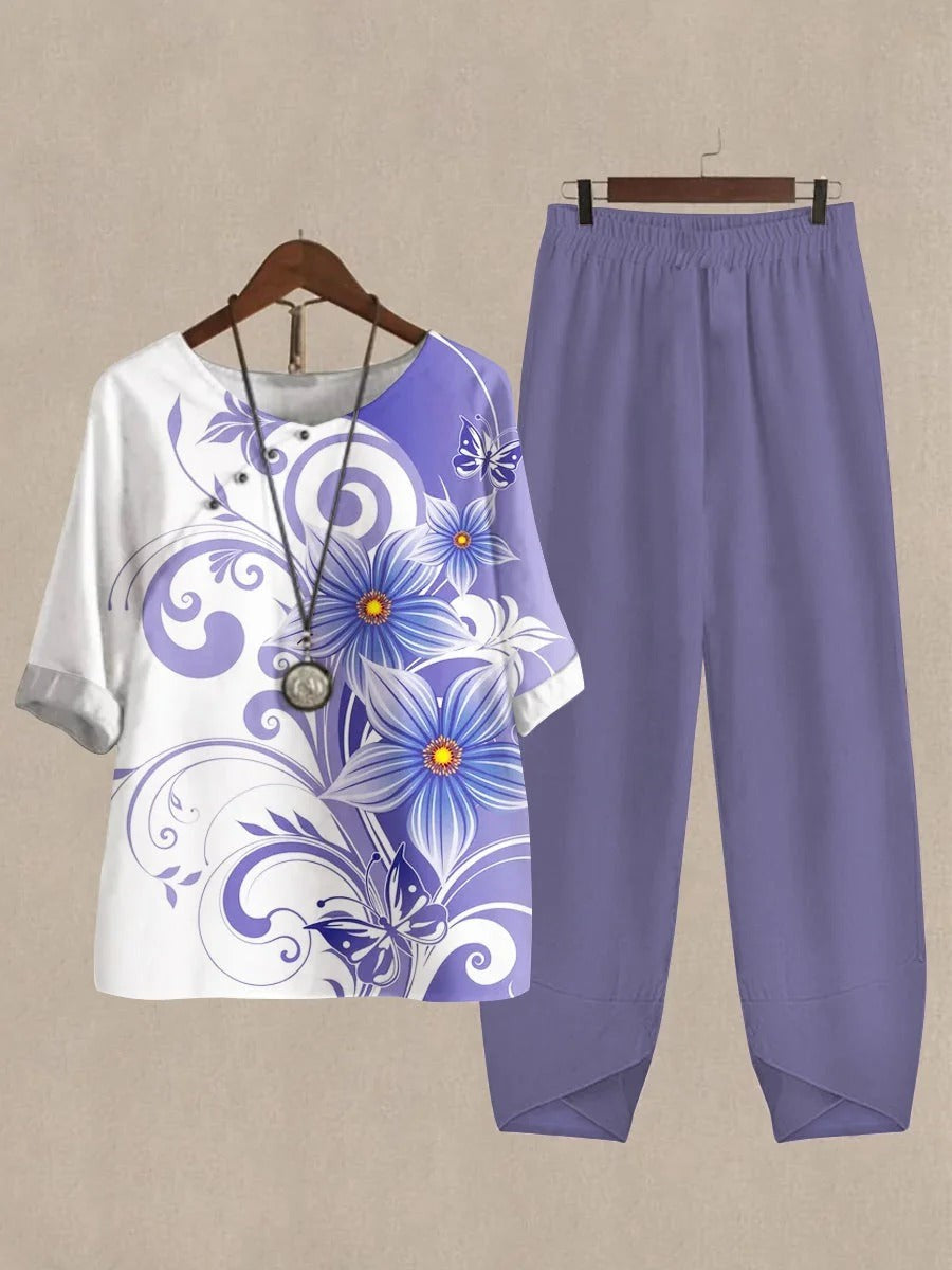 Light Purple Casual Round Neck Floral Printed Half Sleeve Two Piece Suit