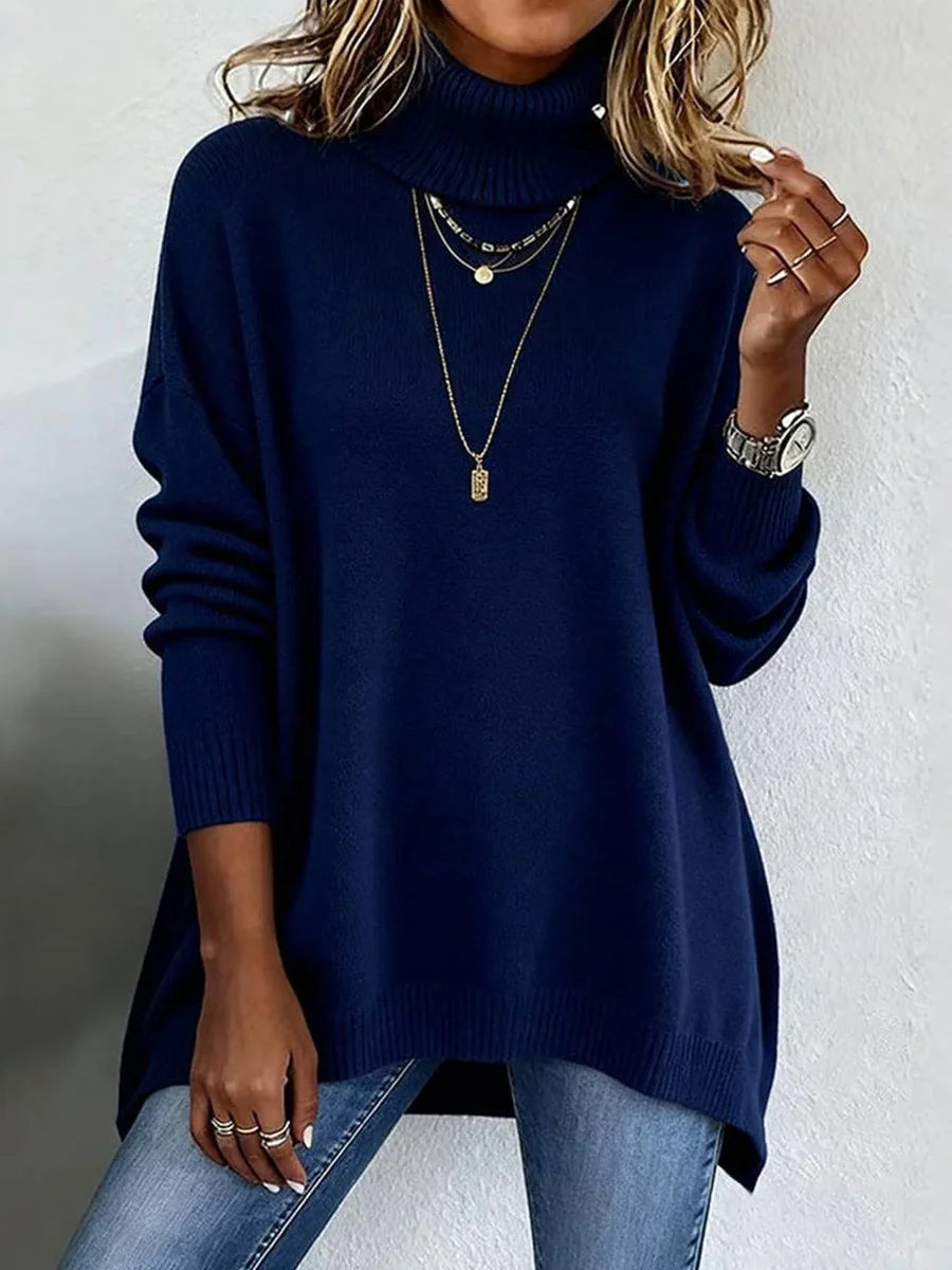 Navy Plain Turtleneck Long Sleeve Knit Sweater