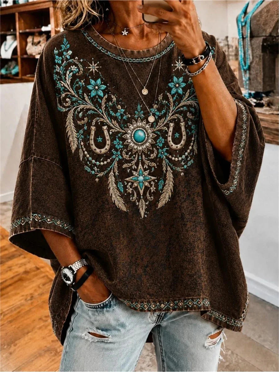 Vintage Floral Crew Neck 3/4 Sleeve T-shirt