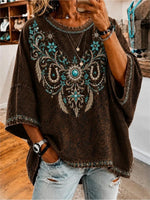 Vintage Floral Crew Neck 3/4 Sleeve T-shirt