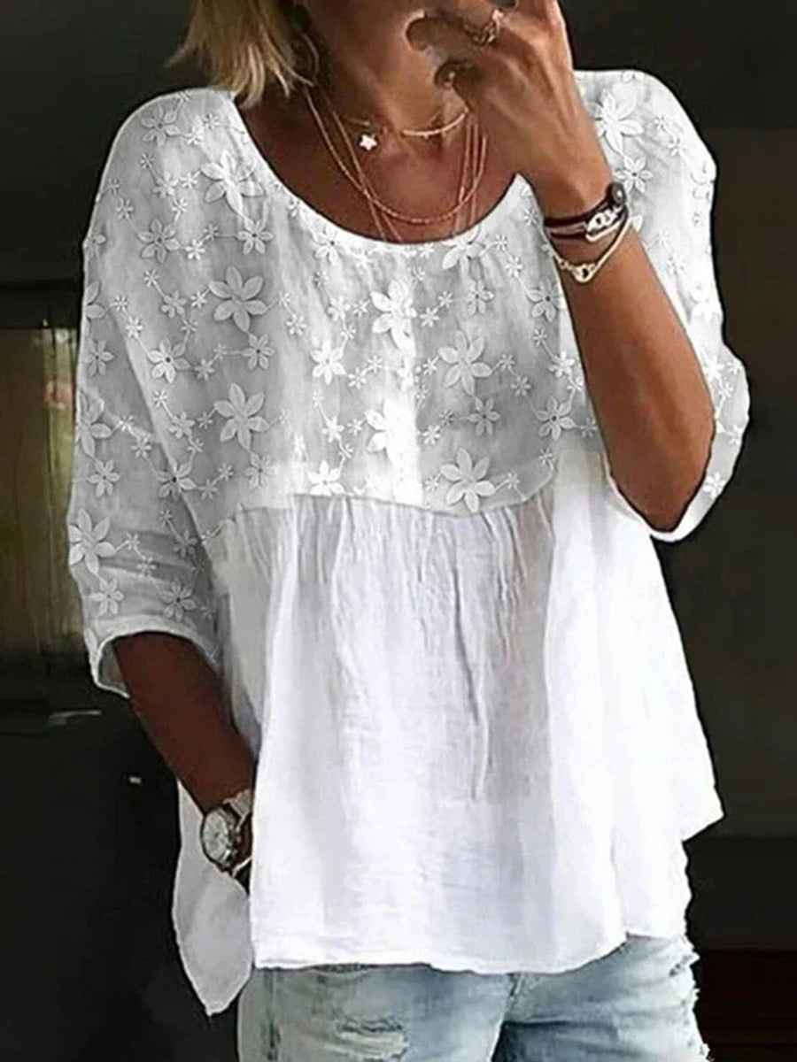 Floral Embroidered Patchwork 3/4 Sleeve Blouse