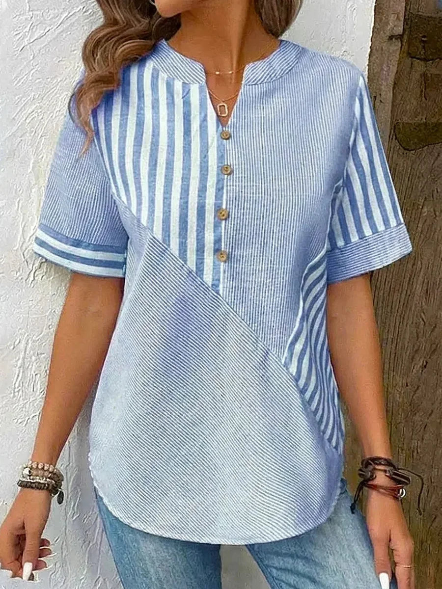 Women's Retro Striped Pattern Art Print Casual Short Sleeve Shirt