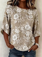 Vintage Floral Print Round Neck 3/4 Sleeve Blouse